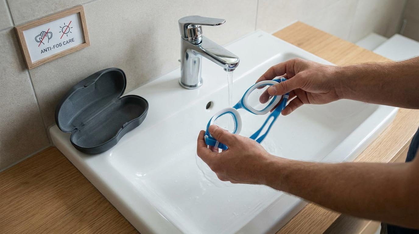 Swimming goggles being rinsed under fresh water and stored properly Anti-fog coating care and maintenance for swimming goggles