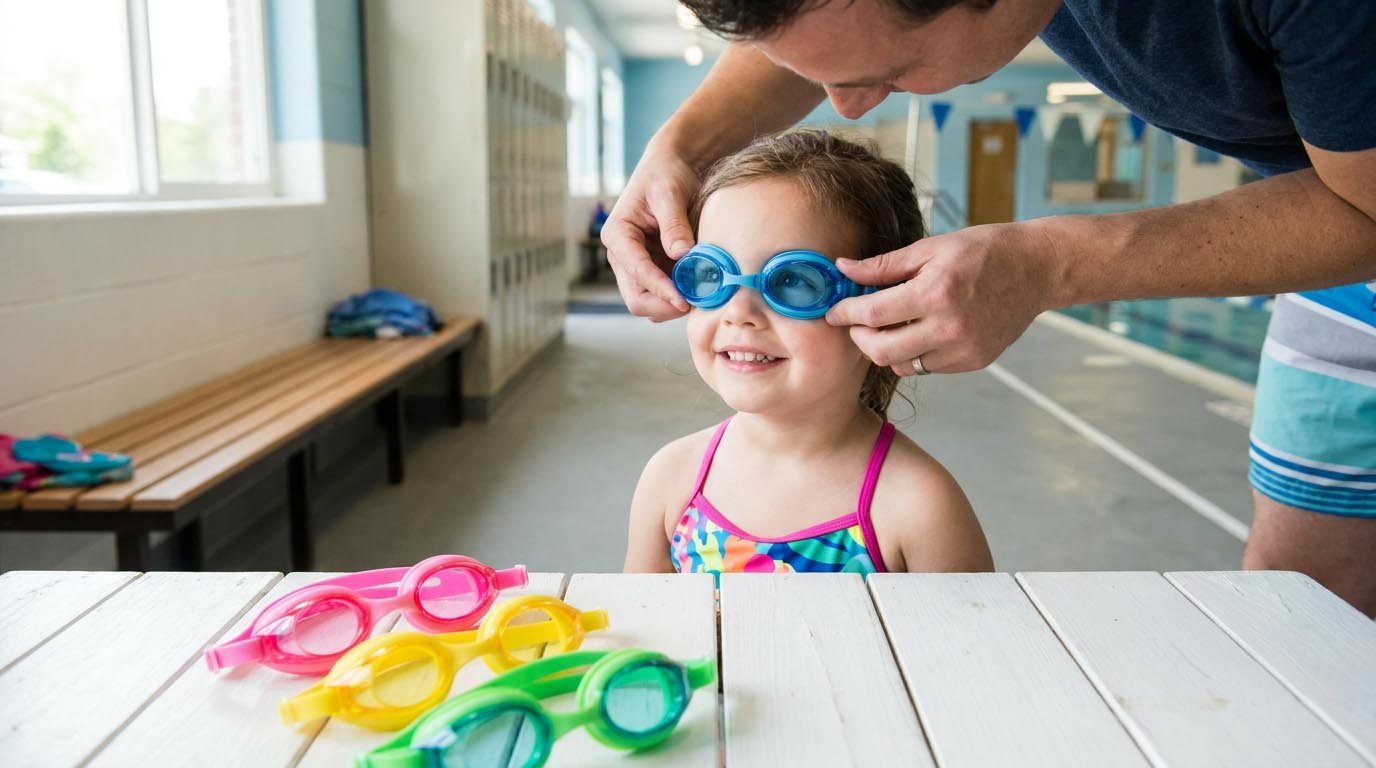 Child testing swim goggle fit