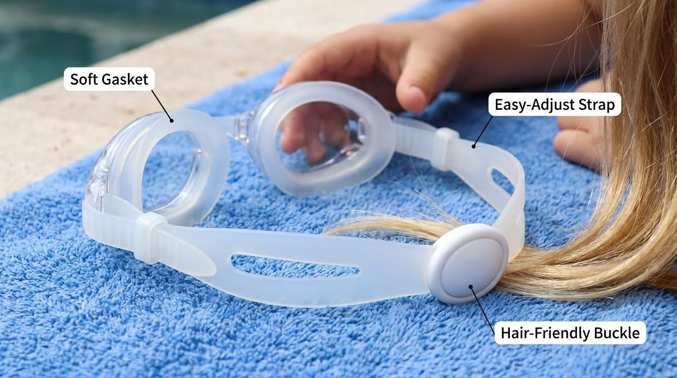Children's swim goggle comfort features Comfortable goggle design features