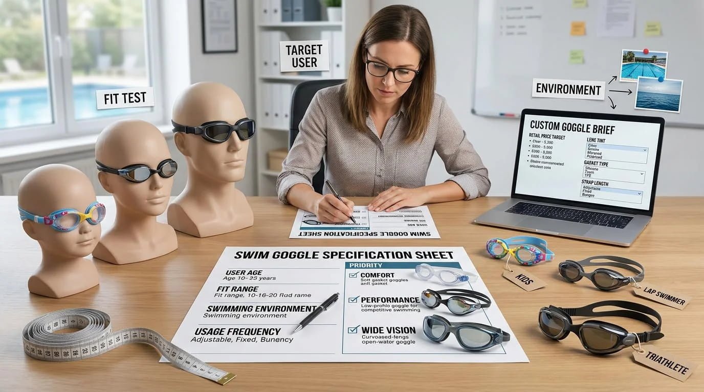 Define target users for custom swim goggles Swim goggle specification sheet template