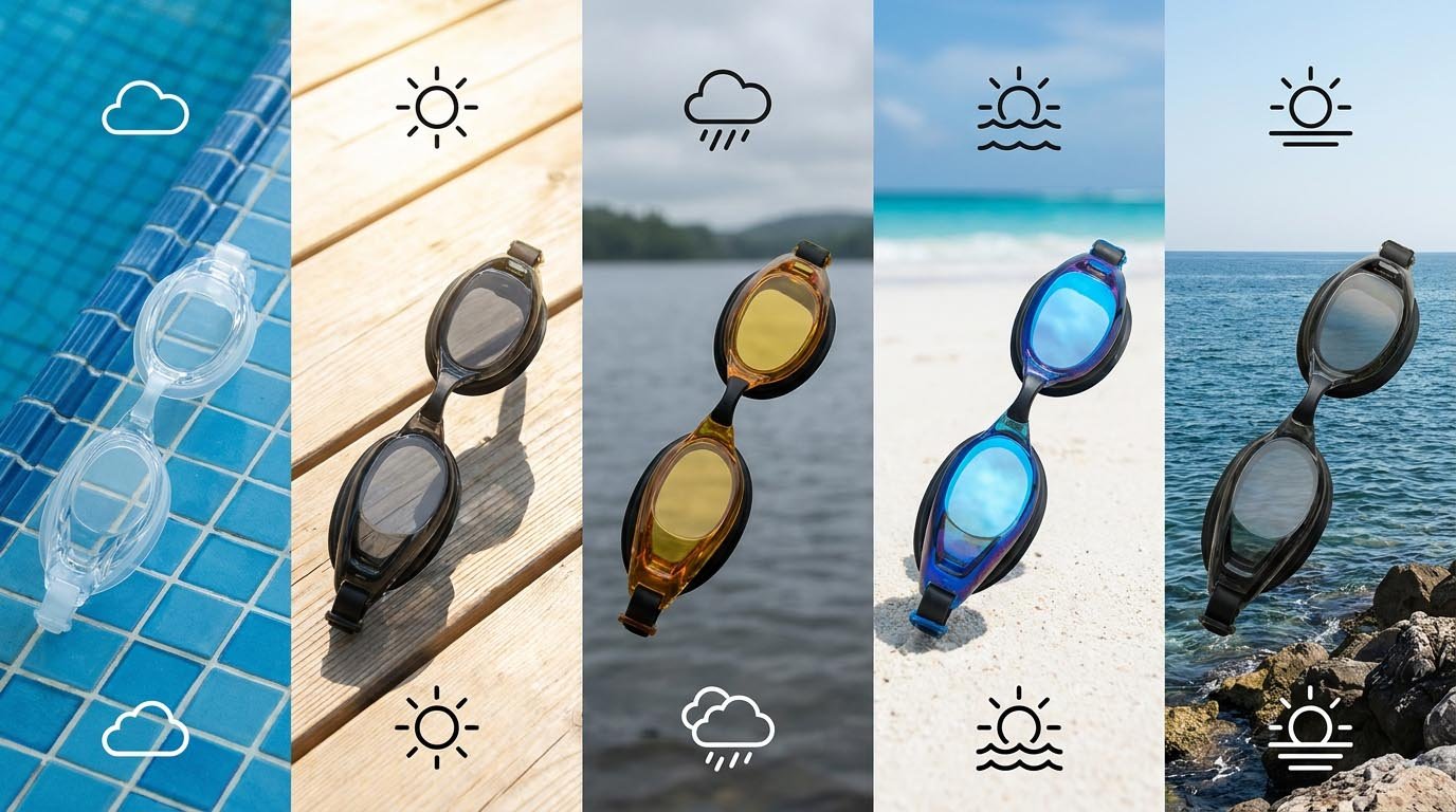 Swimming goggles with various lens tints including clear, smoke, amber, blue, and mirror finishes Different lens tint options for swimming goggles
