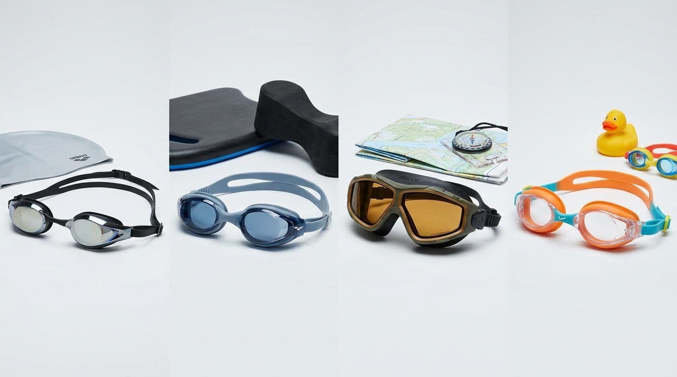 Swimming goggles arranged by type: racing goggles, training goggles, open water goggles, and kids goggles Different swimming goggles for various use cases