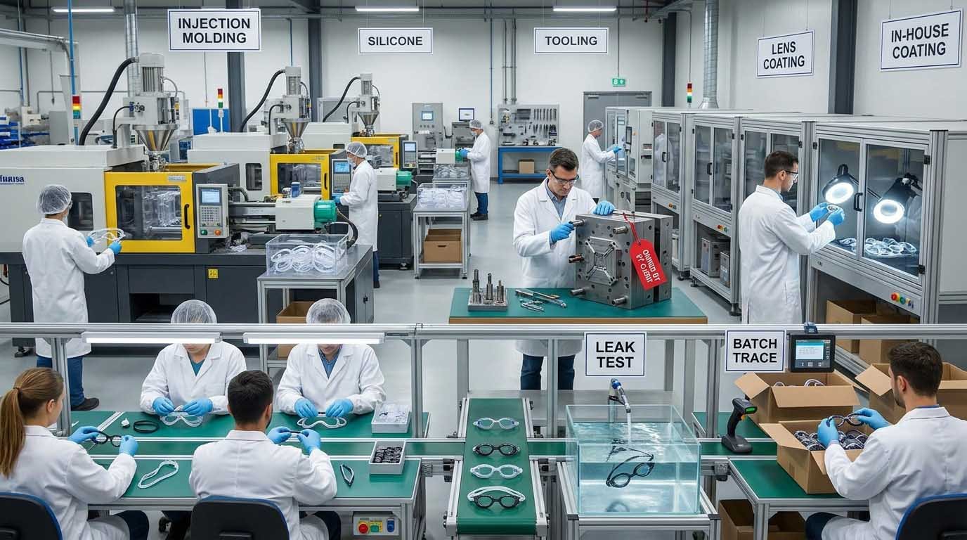 Factory capability coating assembly tooling Injection molding factory for swim goggles