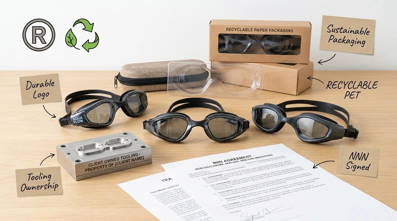 IP protection sustainable packaging Logo customization tooling ownership for swim goggles