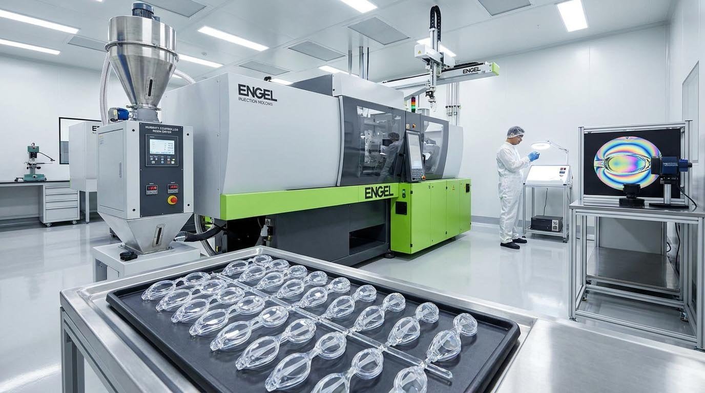 Injection molding machine producing swimming goggle lenses Injection molding process for swimming goggle lenses