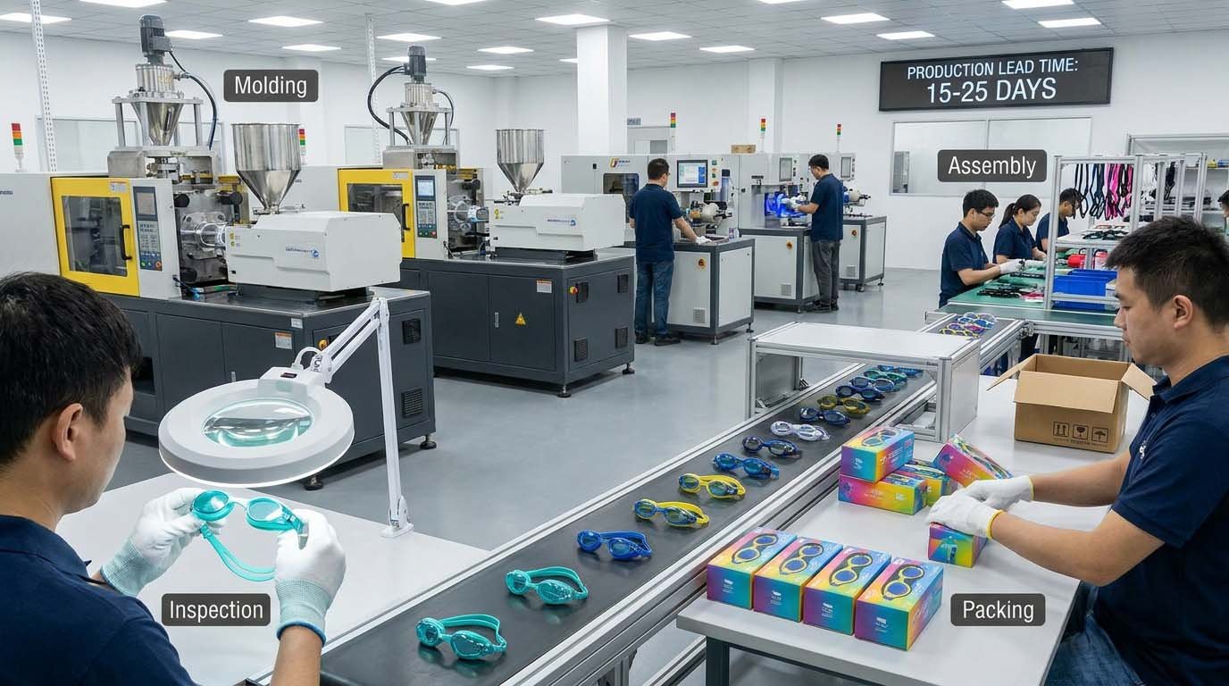 Mass production and quality control for swim goggles Mass production and quality control for swim goggles