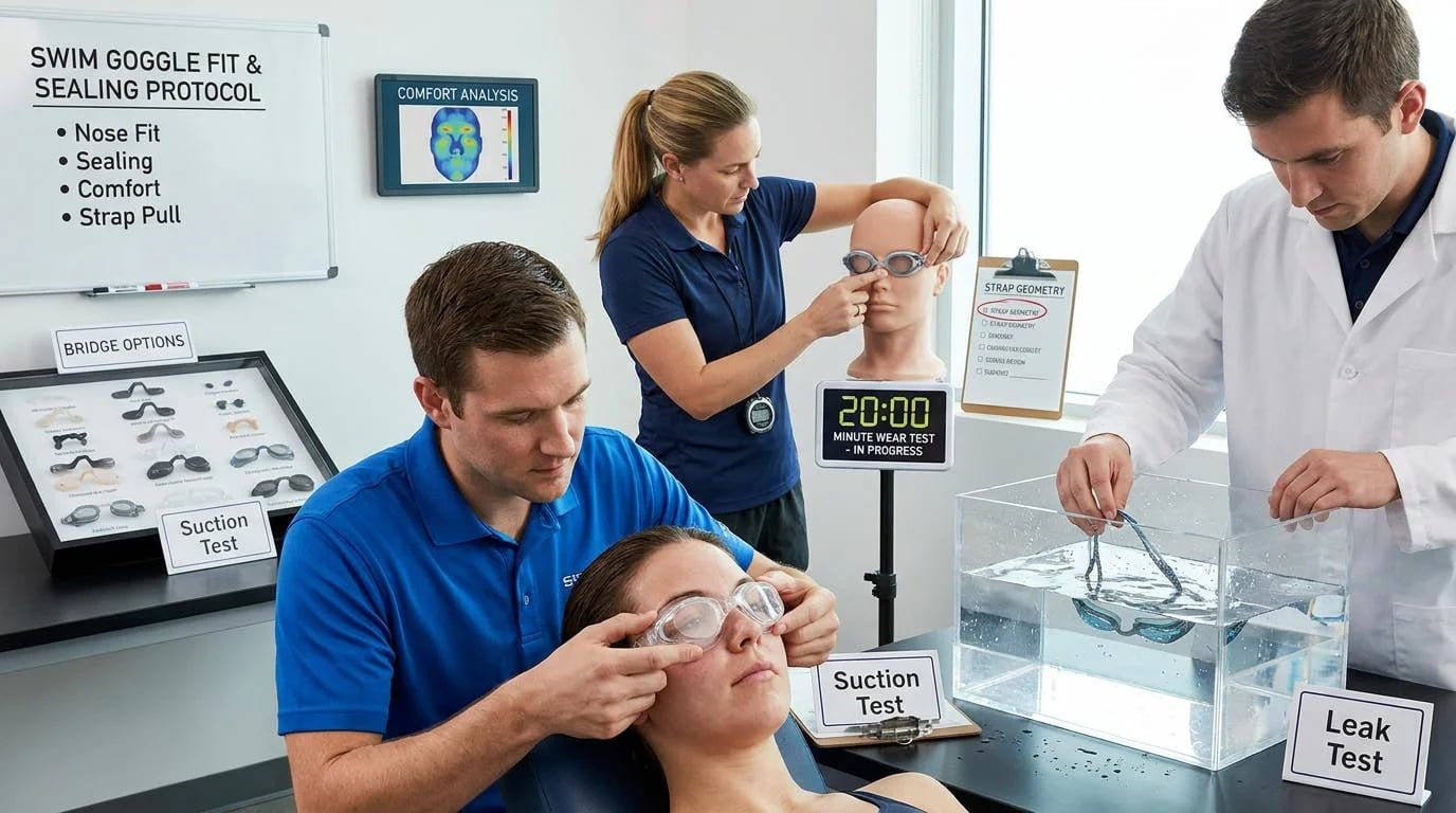Nose bridge leak and pressure tests Swim goggle fit and sealing test