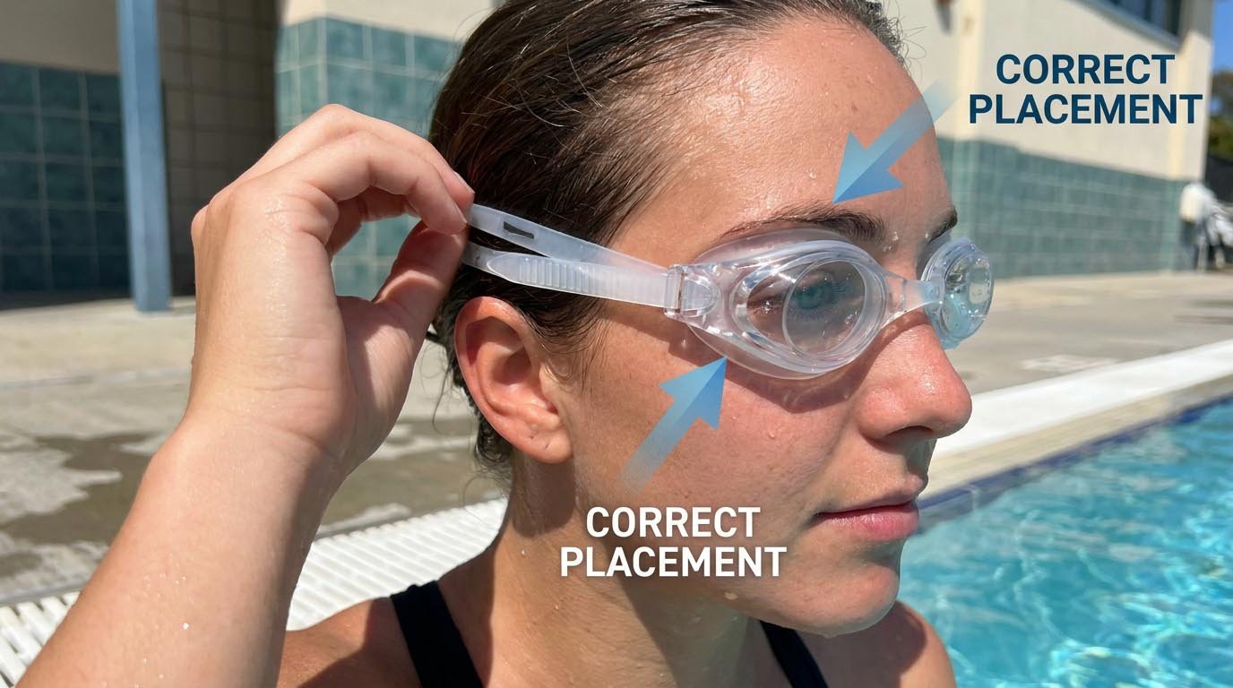Side view showing correct swimming goggles placement on face with proper gasket contact and strap position Proper swimming goggles adjustment and placement demonstration