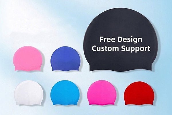 Silicone swim caps in various colors manufactured by Jerry
