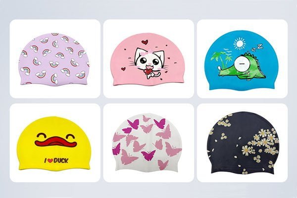 Printed swim caps with custom sublimation designs and logos