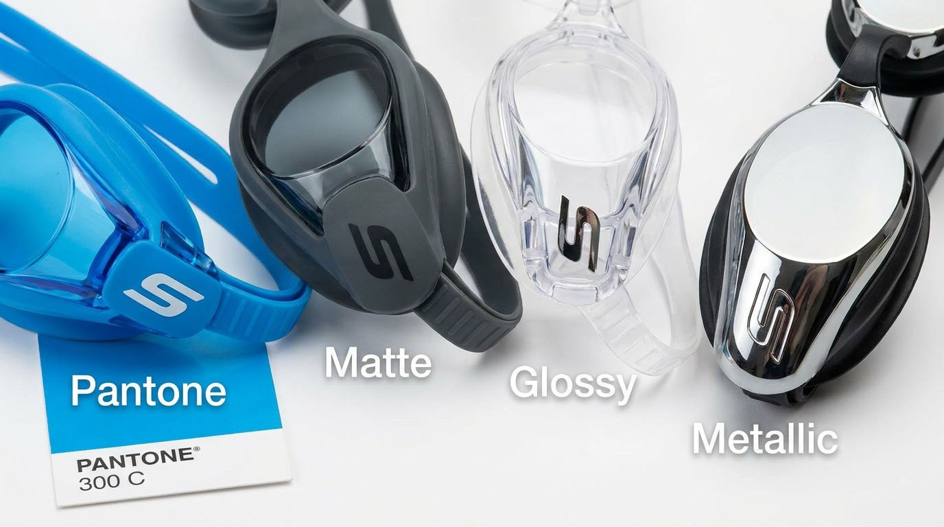 Swim goggle logo color matching and finishes Swim goggle logo color matching and finishes