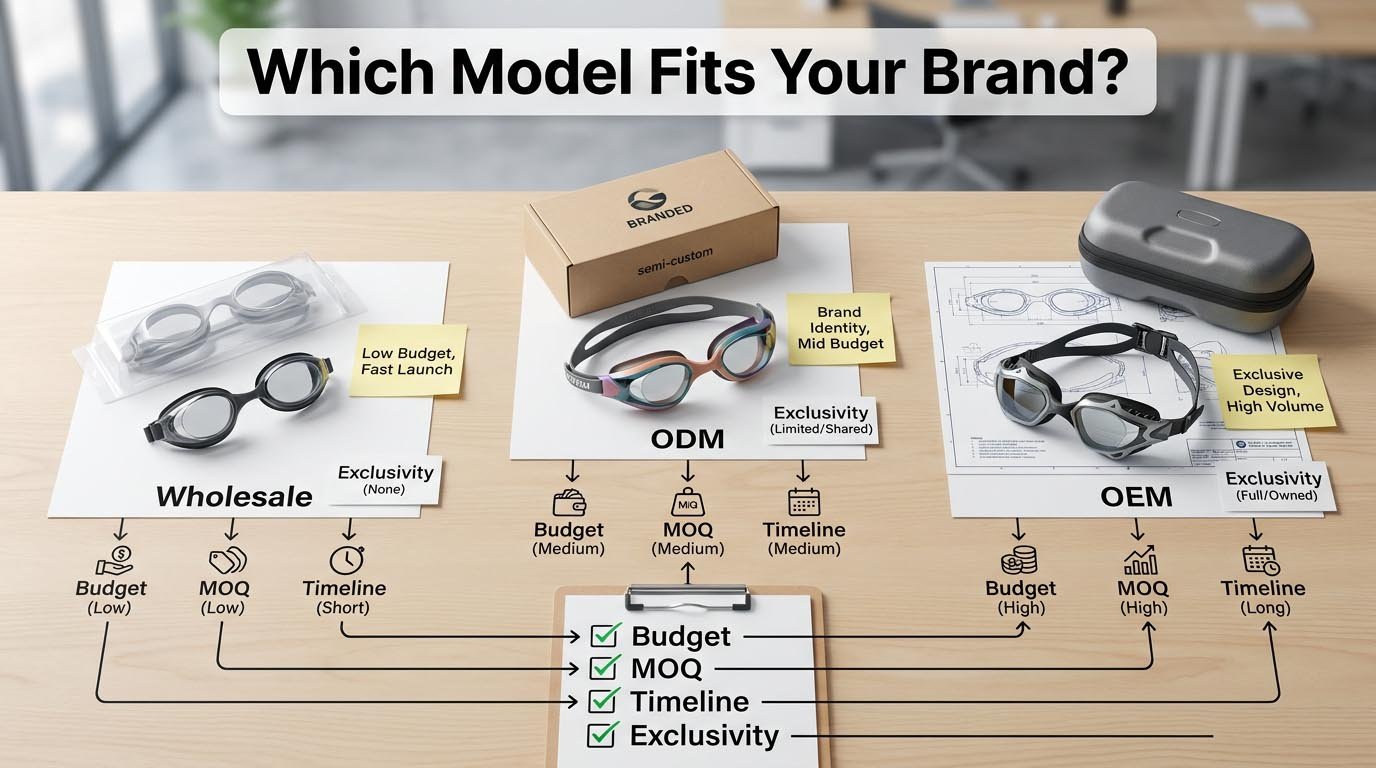 How to Choose Between OEM ODM Wholesale for Your Swim Goggle Brand Swimming Goggles Manufacturing Model Decision Tree