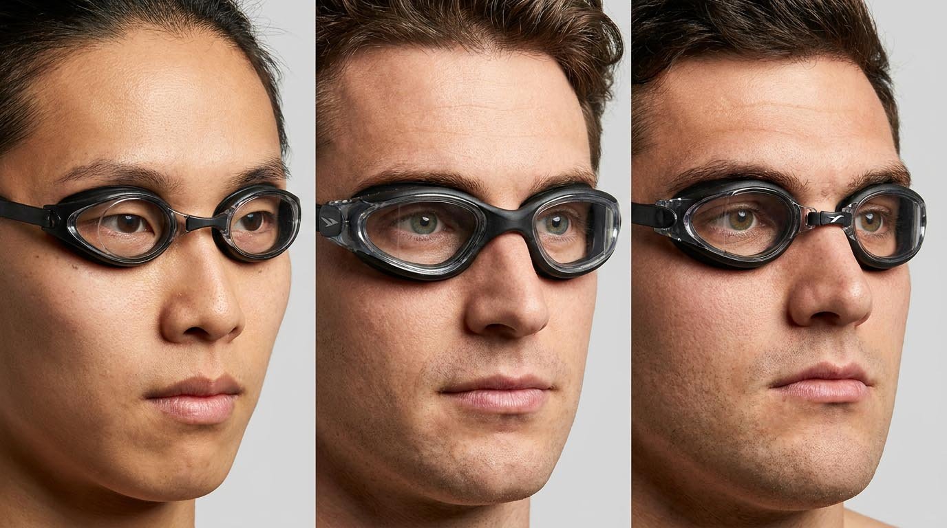 Close-up comparison showing how different gasket types seal on various face shapes Swimming goggles fit demonstration on different face shapes