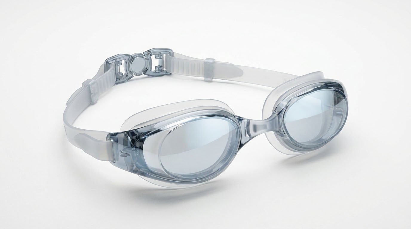 Swimming goggles materials including polycarbonate lens silicone gasket and strap Swimming goggles material components