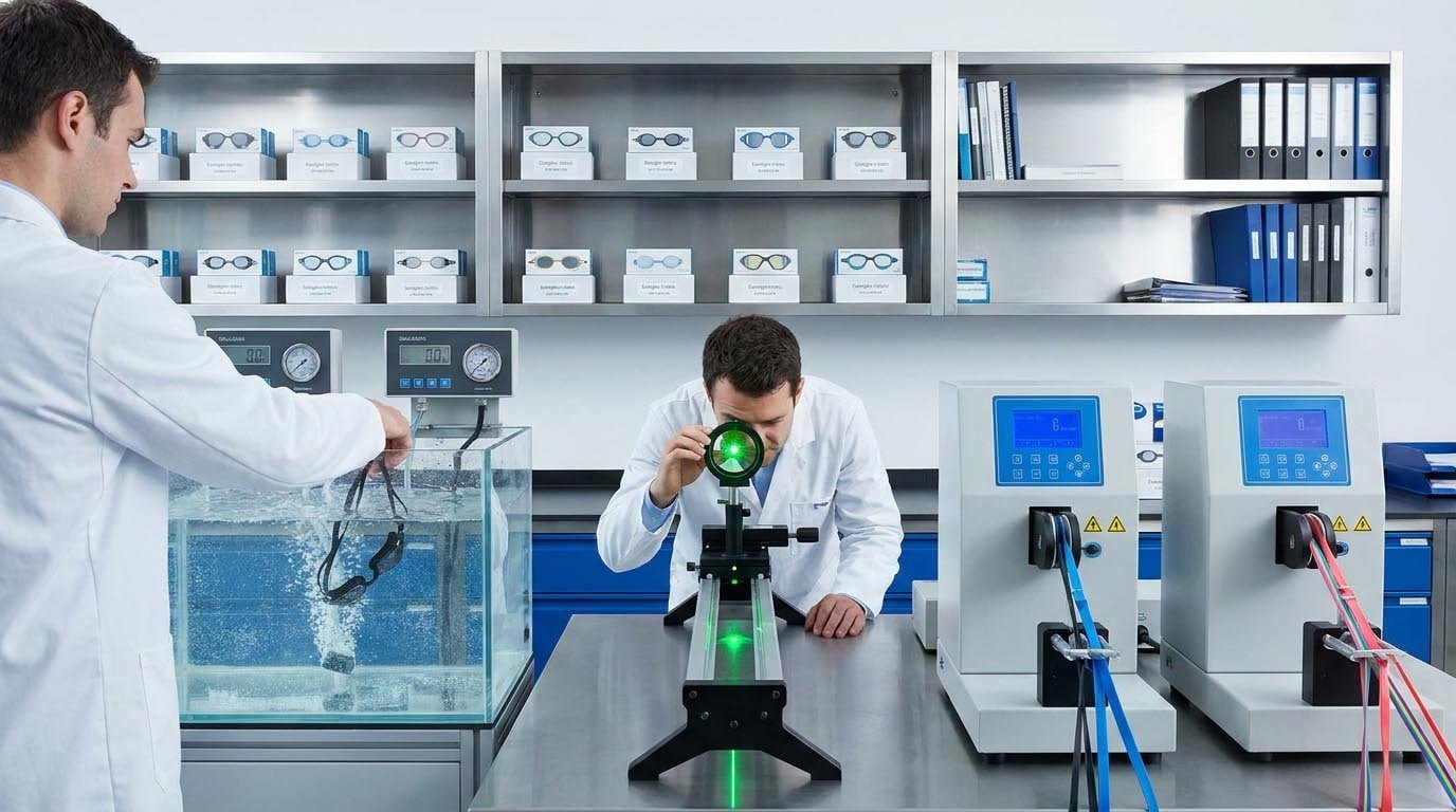 Swimming goggles quality testing including leak optical and durability tests Swimming goggles quality testing laboratory