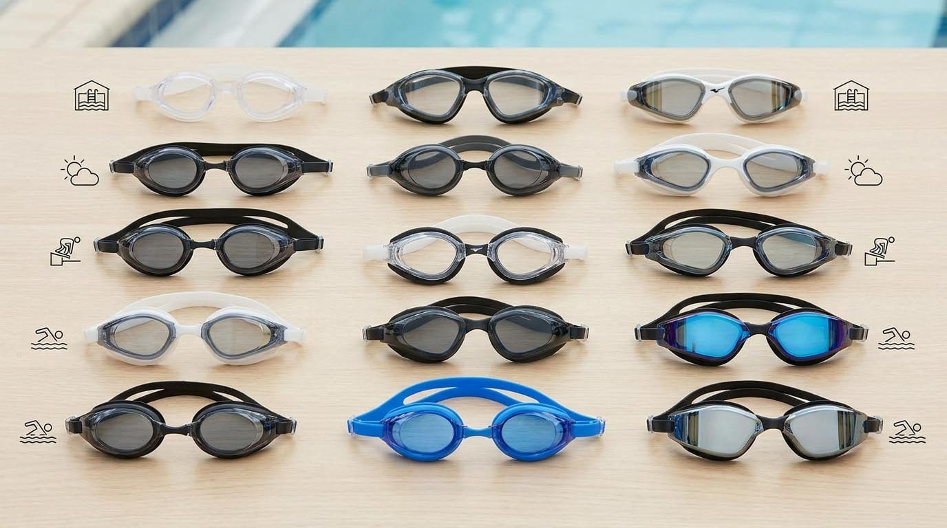 Various types of swimming goggles displayed showing different lens tints, gasket sizes, and frame styles Swimming goggles selection guide