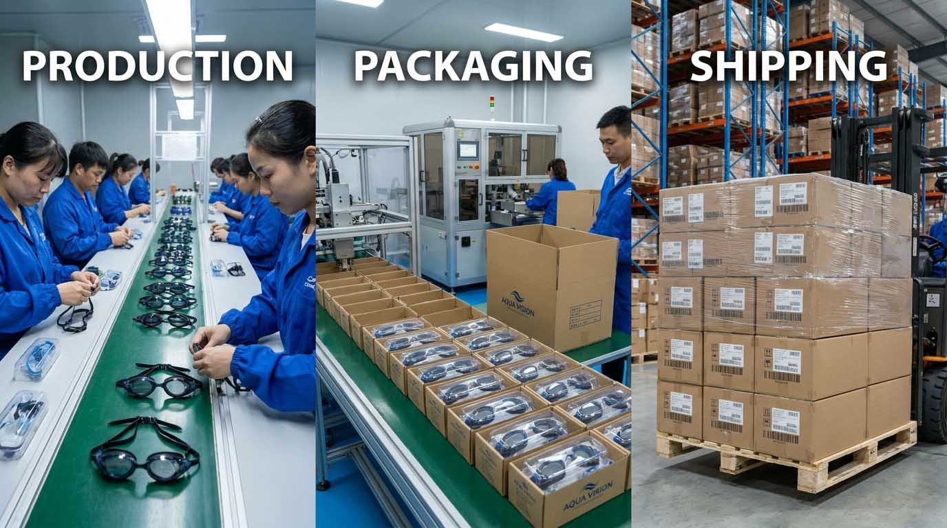 swimming goggles mass production and packaging
