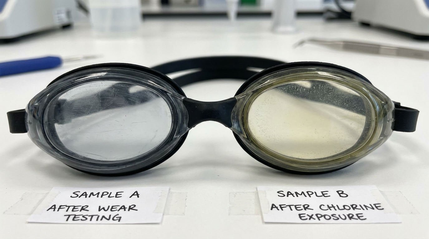 Close-up comparison of swim goggle lenses after anti-fog testing, showing coating condition, water exposure, and handling differences