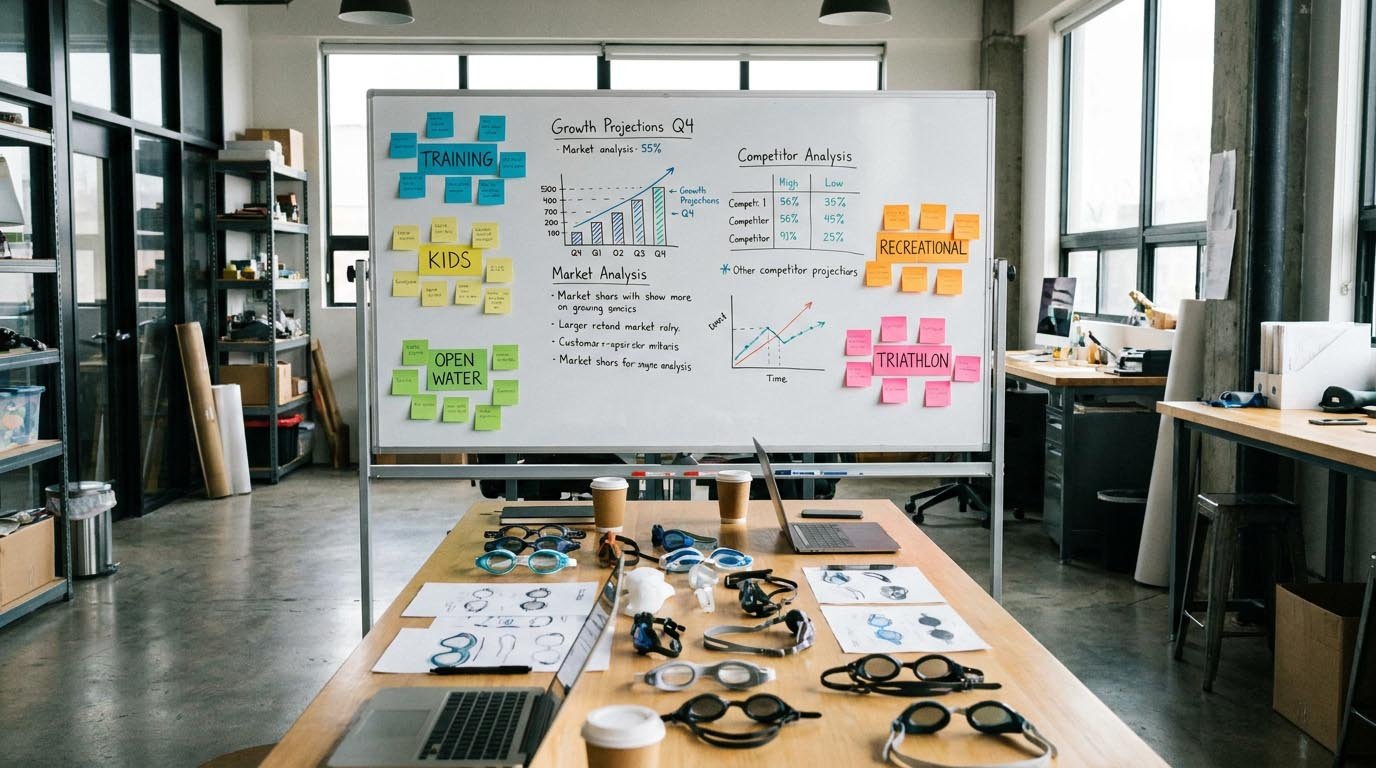Whiteboard planning for swim goggles brand positioning, with customer segments, price tiers, and feature priorities mapped out