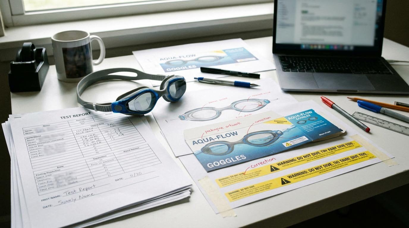 Compliance preparation for swim goggles, including BOM, packaging files, warning labels, and test request documents