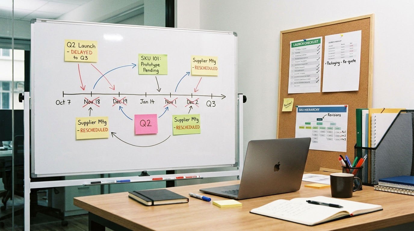 Launch planning board for a small swim goggles brand, including SKU plan, sample timeline, testing tasks, and first order budget