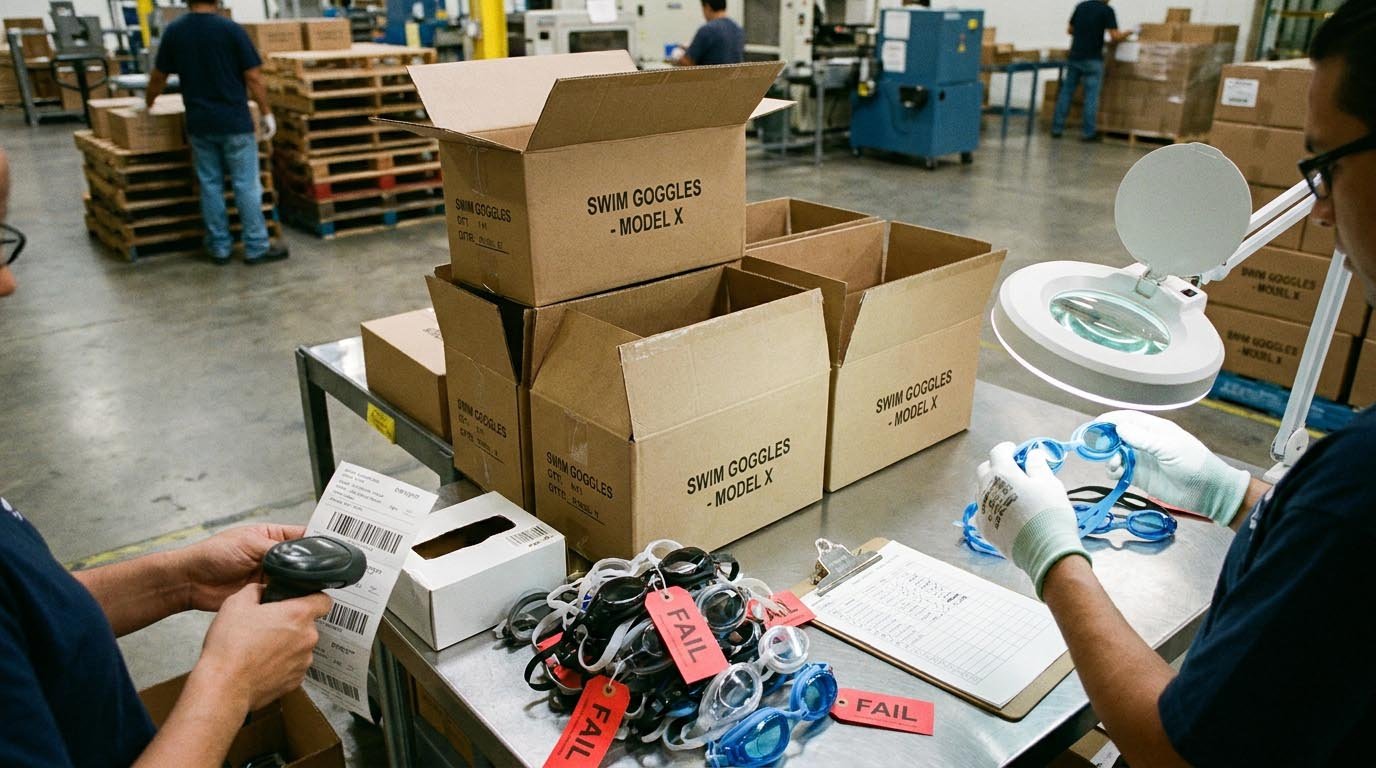 Pre-shipment inspection for swim goggles with carton checks, barcode verification, assortment count, and visual defect review