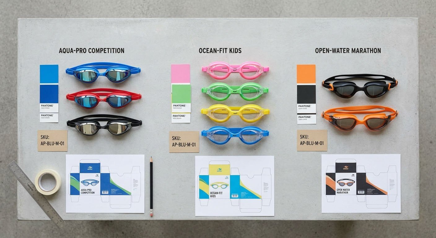 Swim goggles line planning with two core models, color chips, packaging layouts, and MOQ notes