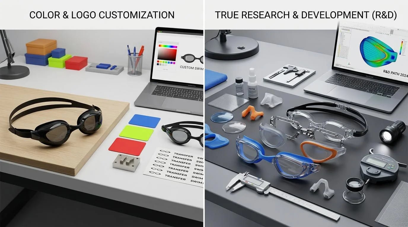 Swimming goggle in-house R&D versus surface customization