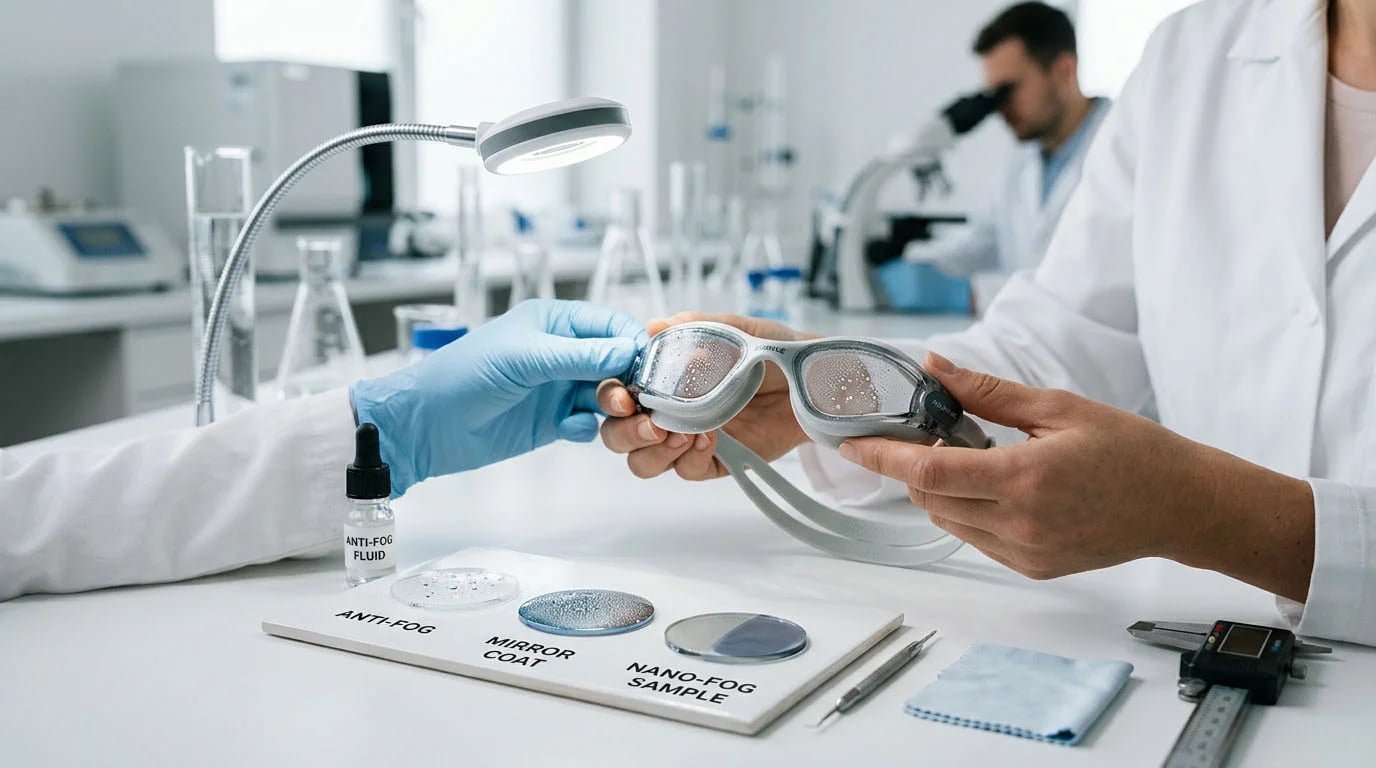 Swimming goggle anti-fog lens treatment and R&D evaluation