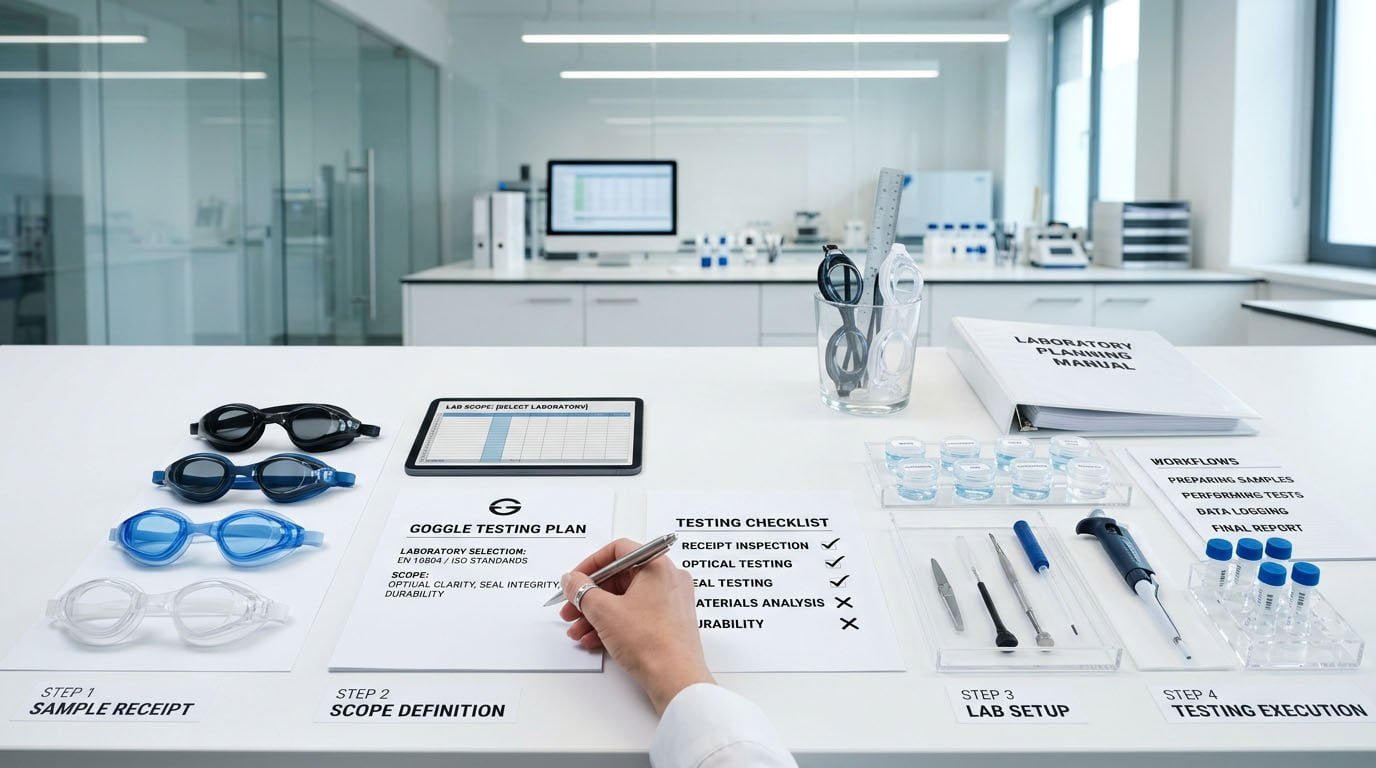 Swim goggle testing laboratory selection workflow