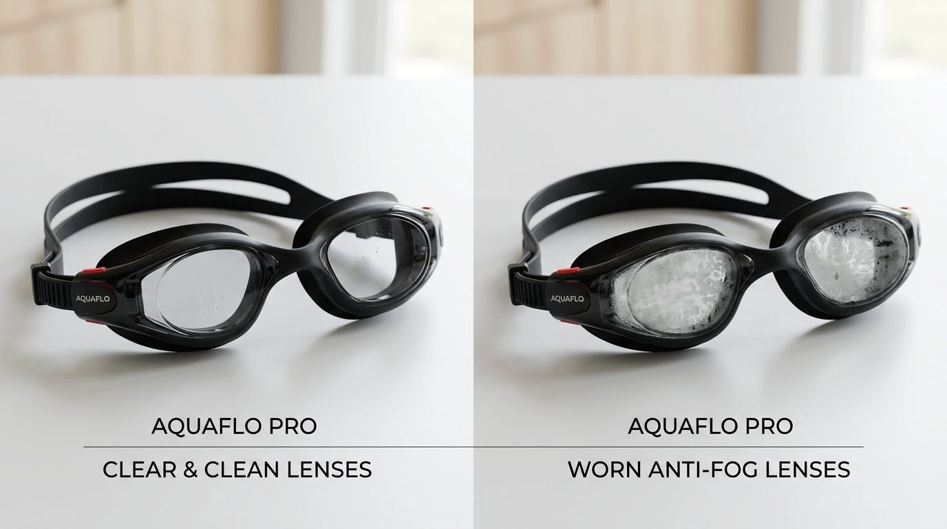 Chlorine Residue vs Swimming Goggle Anti-Fog Coating Damage Comparison of pool-water residue and damaged anti-fog coating on swimming goggle lenses