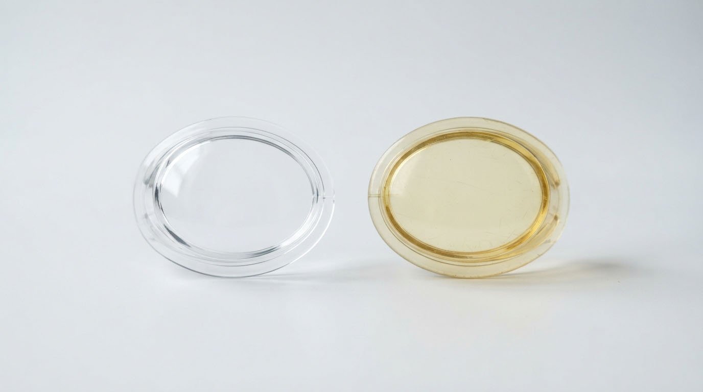 Clear PC Swimming Goggle Lens Yellowing Comparison Clear PC swimming goggle lenses showing transparent and yellowed lens comparison