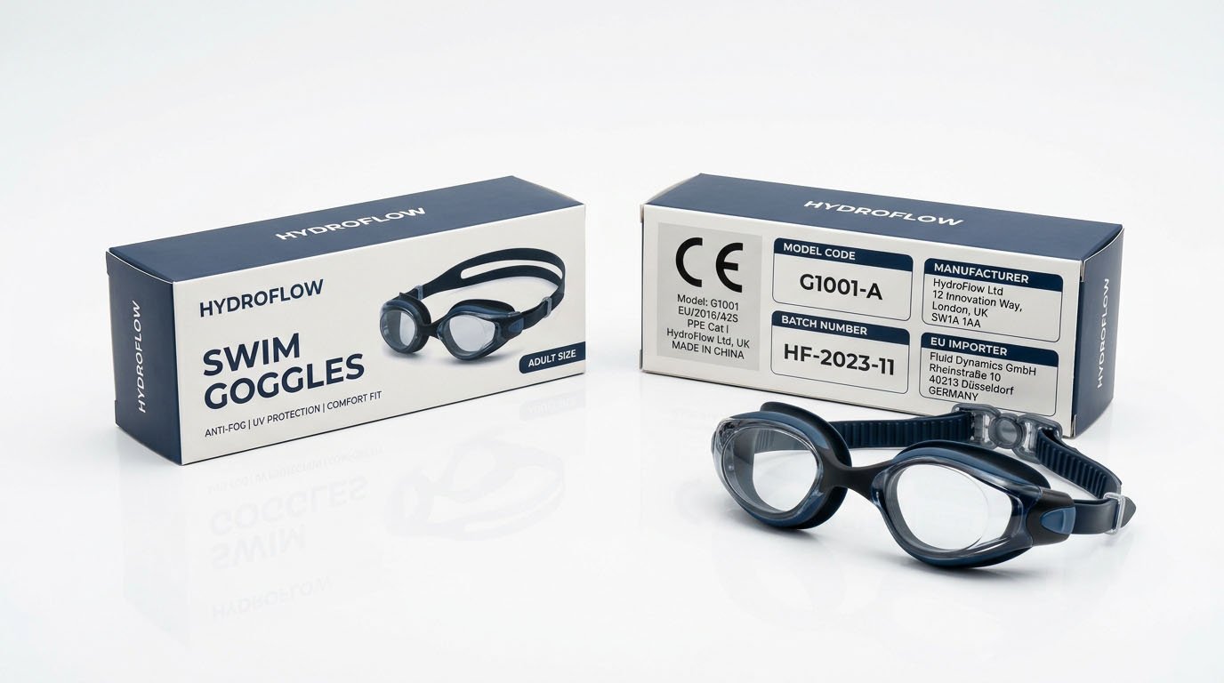 EU Swimming Goggle Packaging and Traceability Label EU swimming goggle packaging label showing model code CE mark and operator information