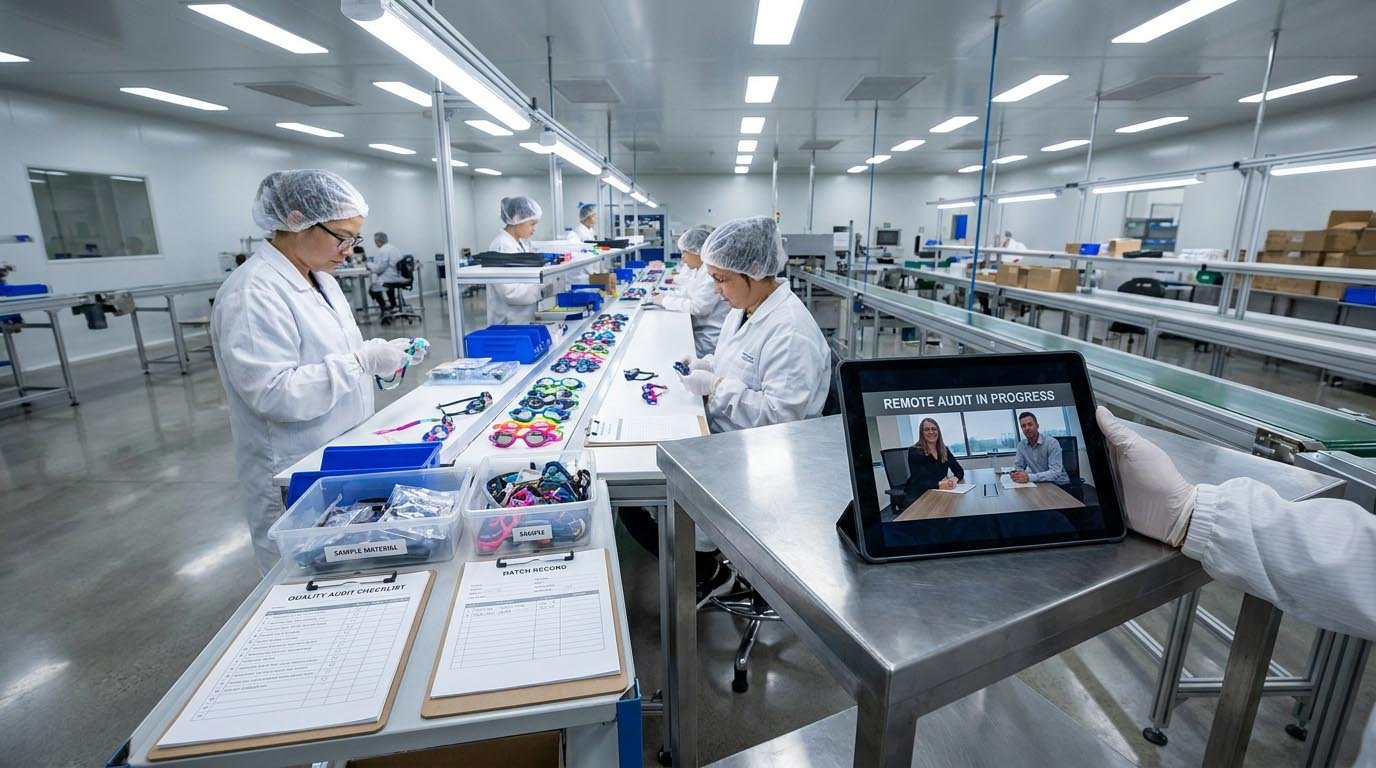 Live video inspection of a swimming goggle manufacturing facility