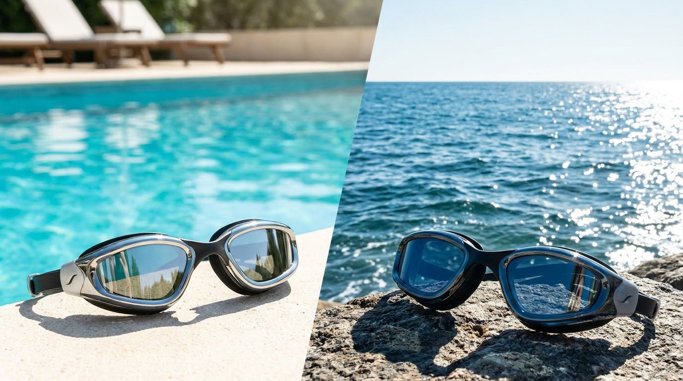 Mirrored goggles for outdoor pools and polarized goggles for open water