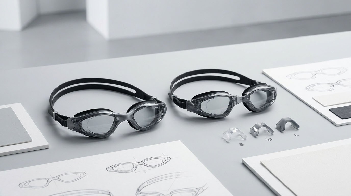 Fixed and interchangeable nose bridge options for custom swimming goggle brands