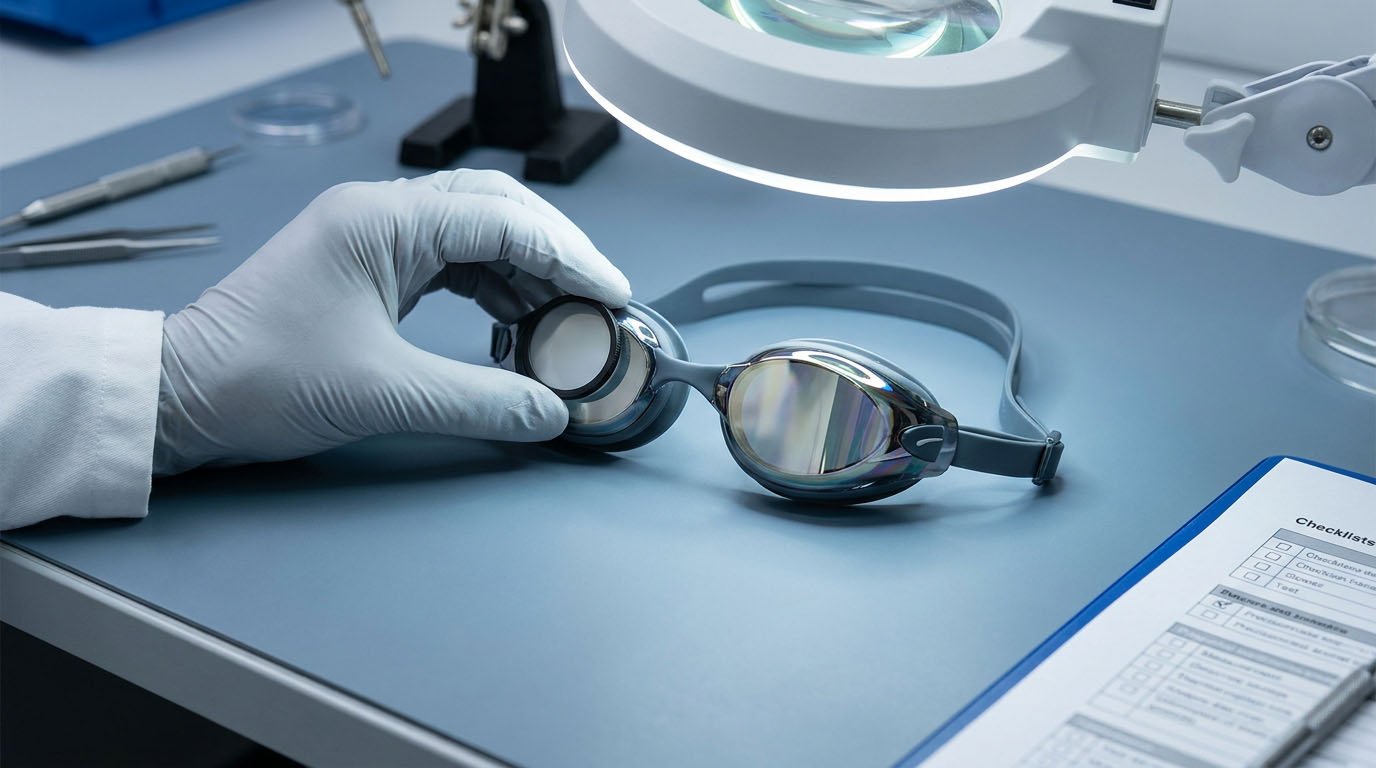 Swimming goggle polarization verification and mirrored coating inspection