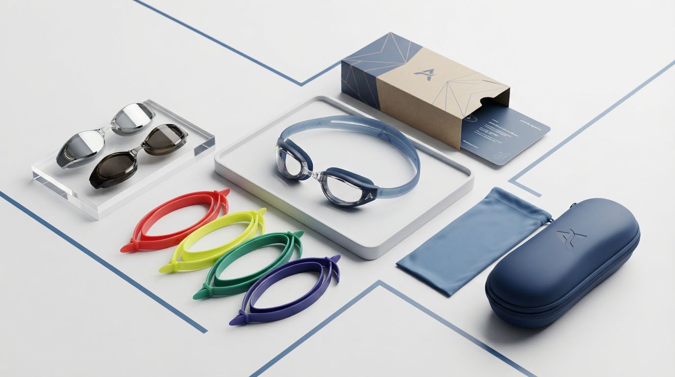 Private Label Swimming Goggles Packaging Options Low MOQ swimming goggle packaging options including branded sleeves pouches and cases