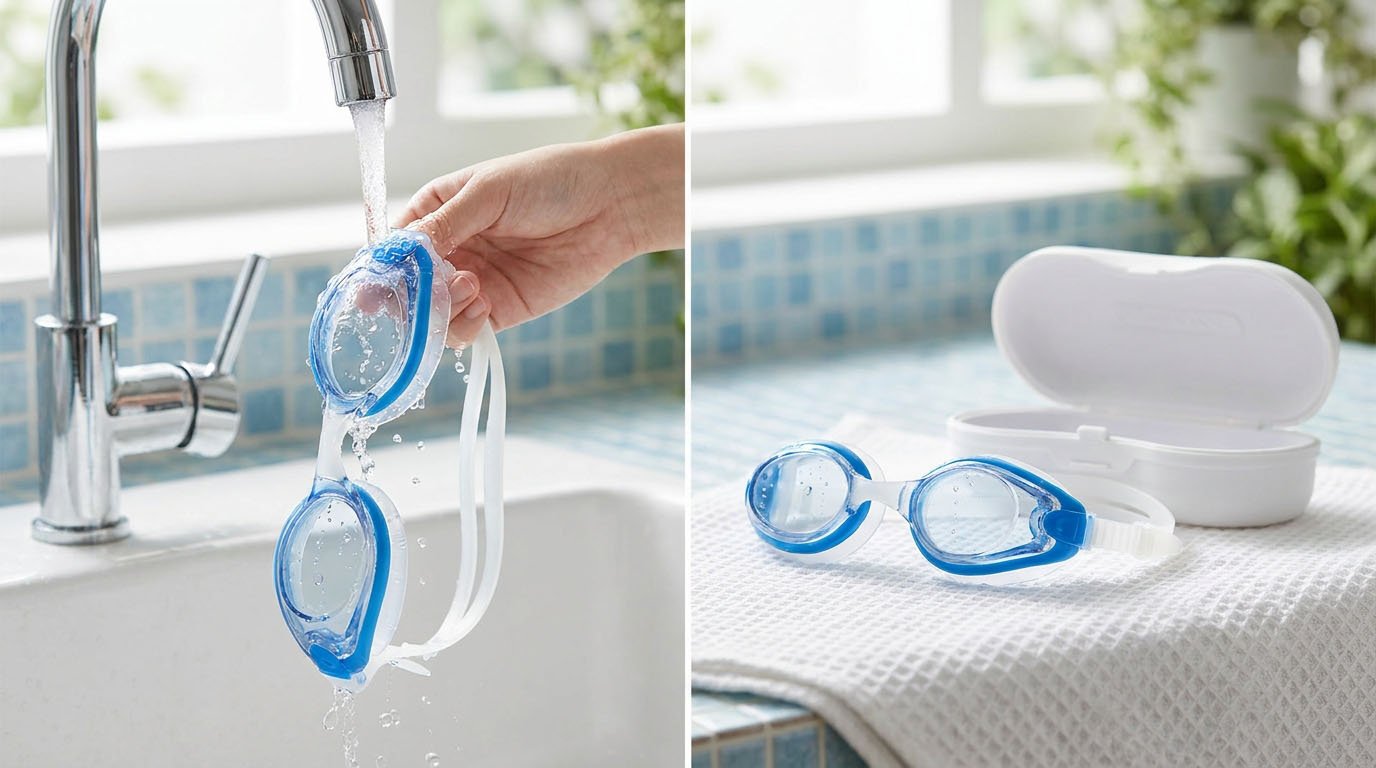 Proper swimming goggle rinsing, drying and protective storage