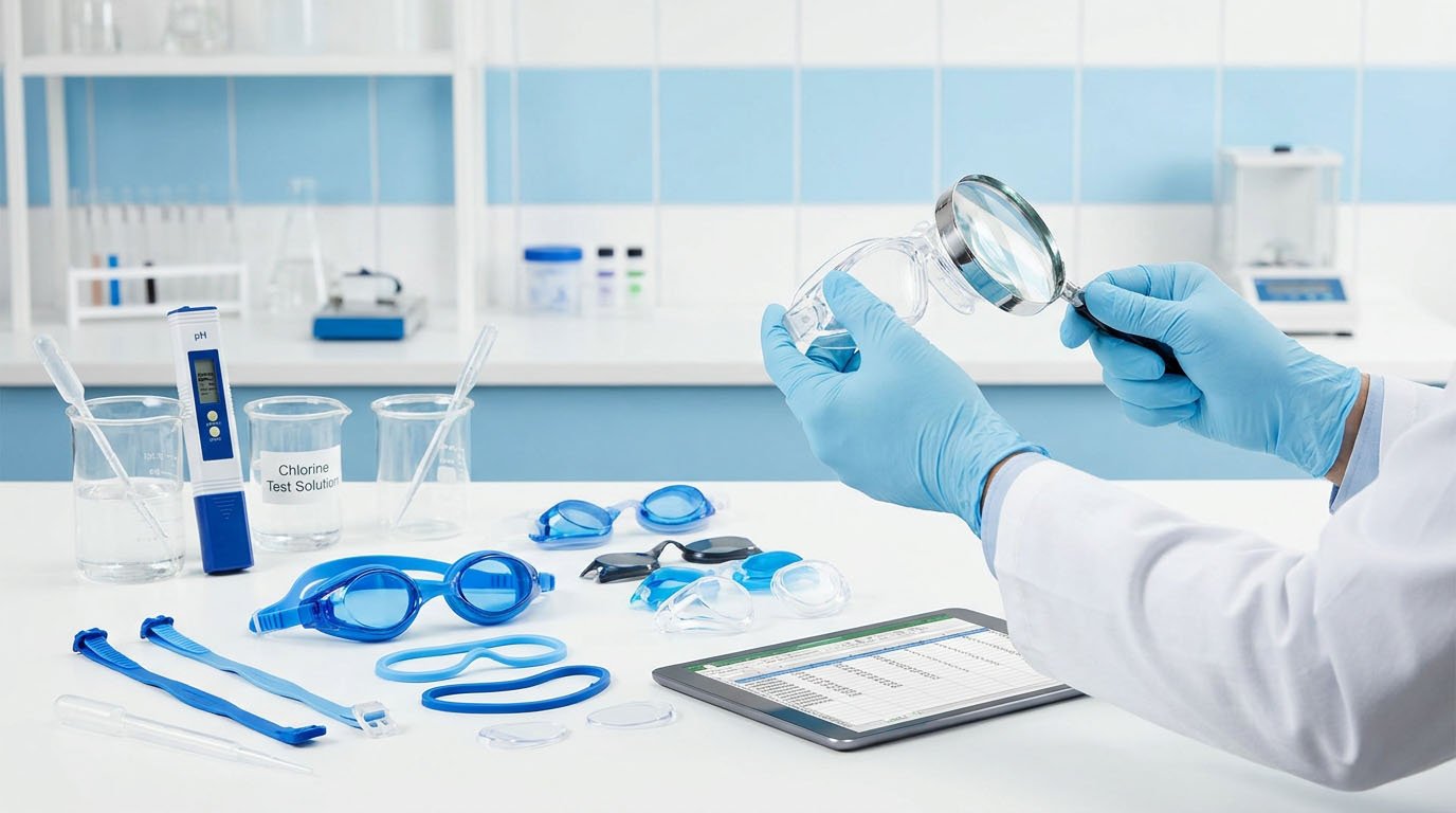 Swimming goggle chlorine resistance testing and material evaluation