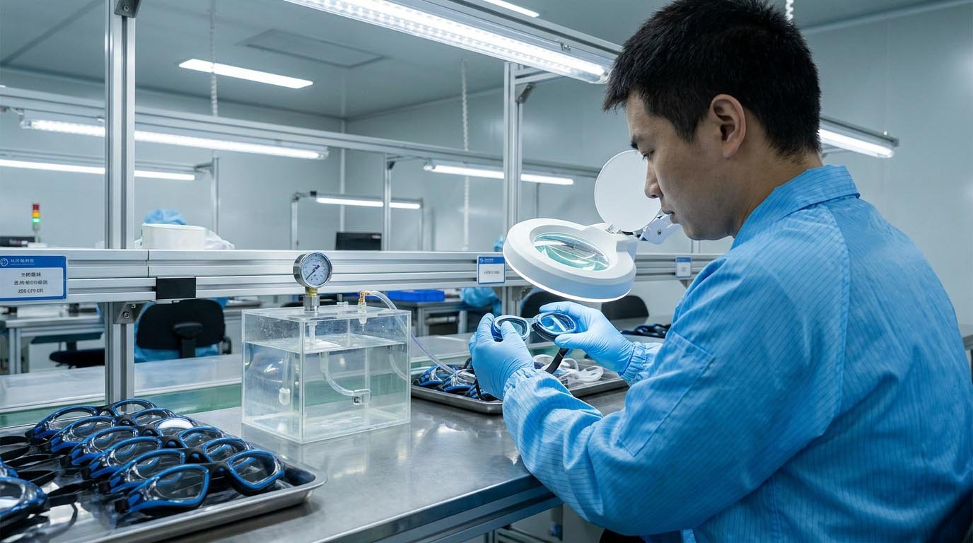Swimming goggle factory quality inspector checking gasket assembly and leak resistance