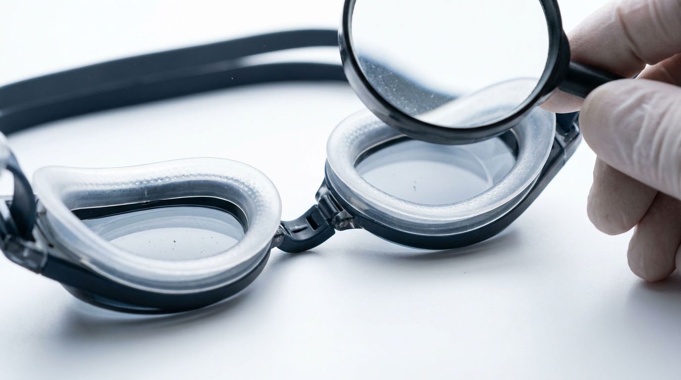Close-up inspection of swimming goggle silicone gasket and lens-frame seal