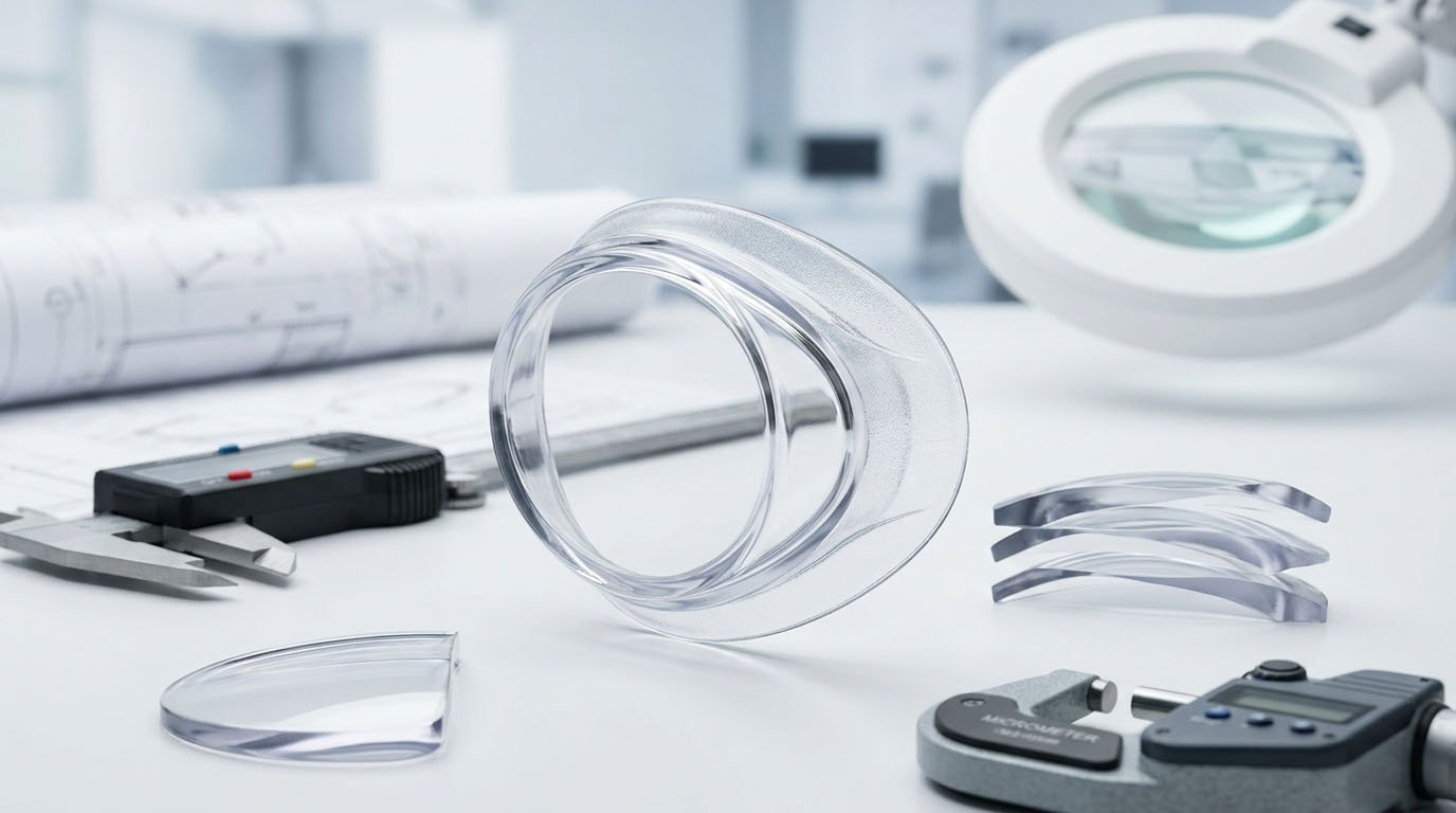 Swimming Goggle Lens Thickness and Optical Geometry swimming goggle lens cross section showing thickness curvature and optical geometry