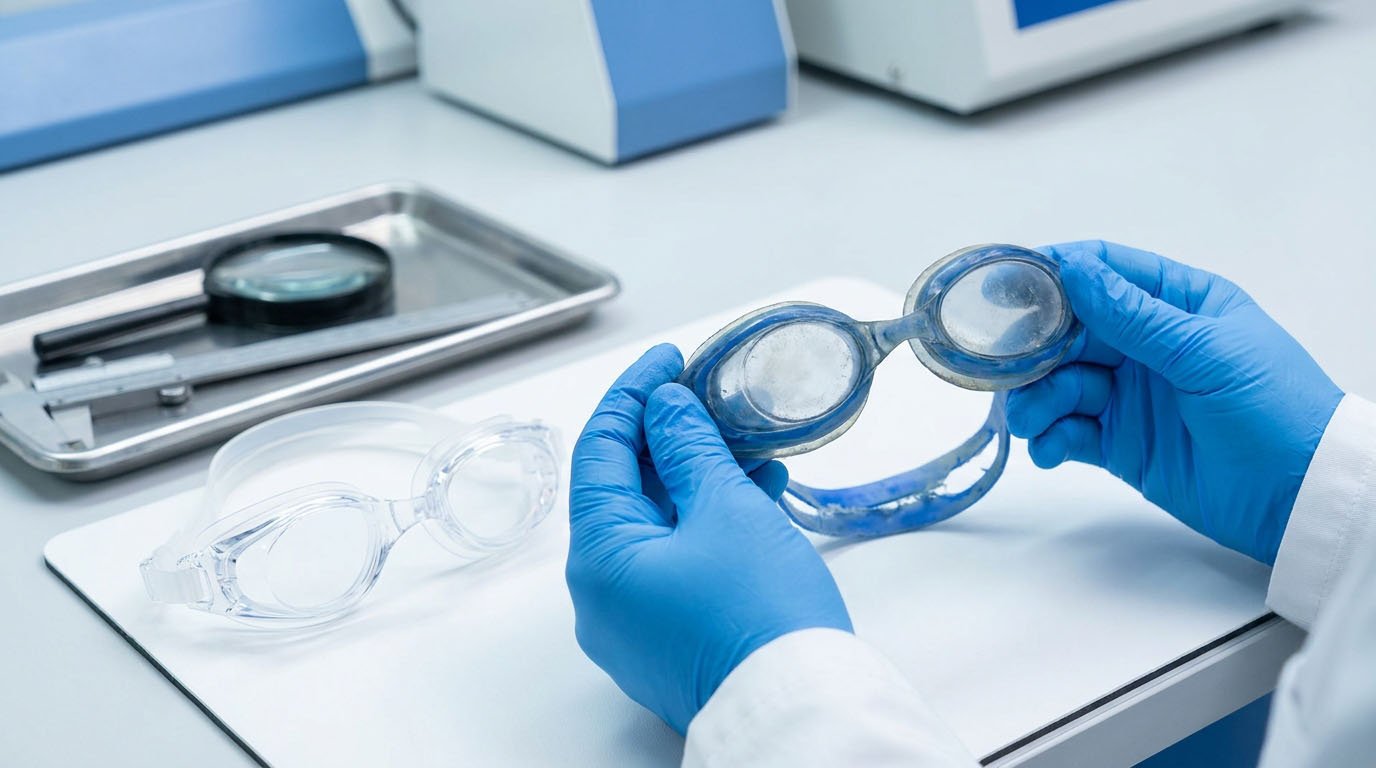 Inspection of swimming goggle seals and straps for chlorine-related deterioration