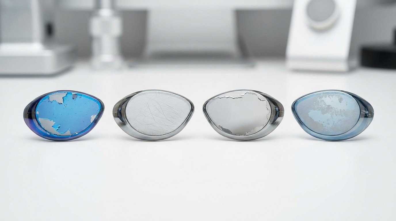 Comparison of swimming goggle mirror coating peeling, scratches, and edge damage