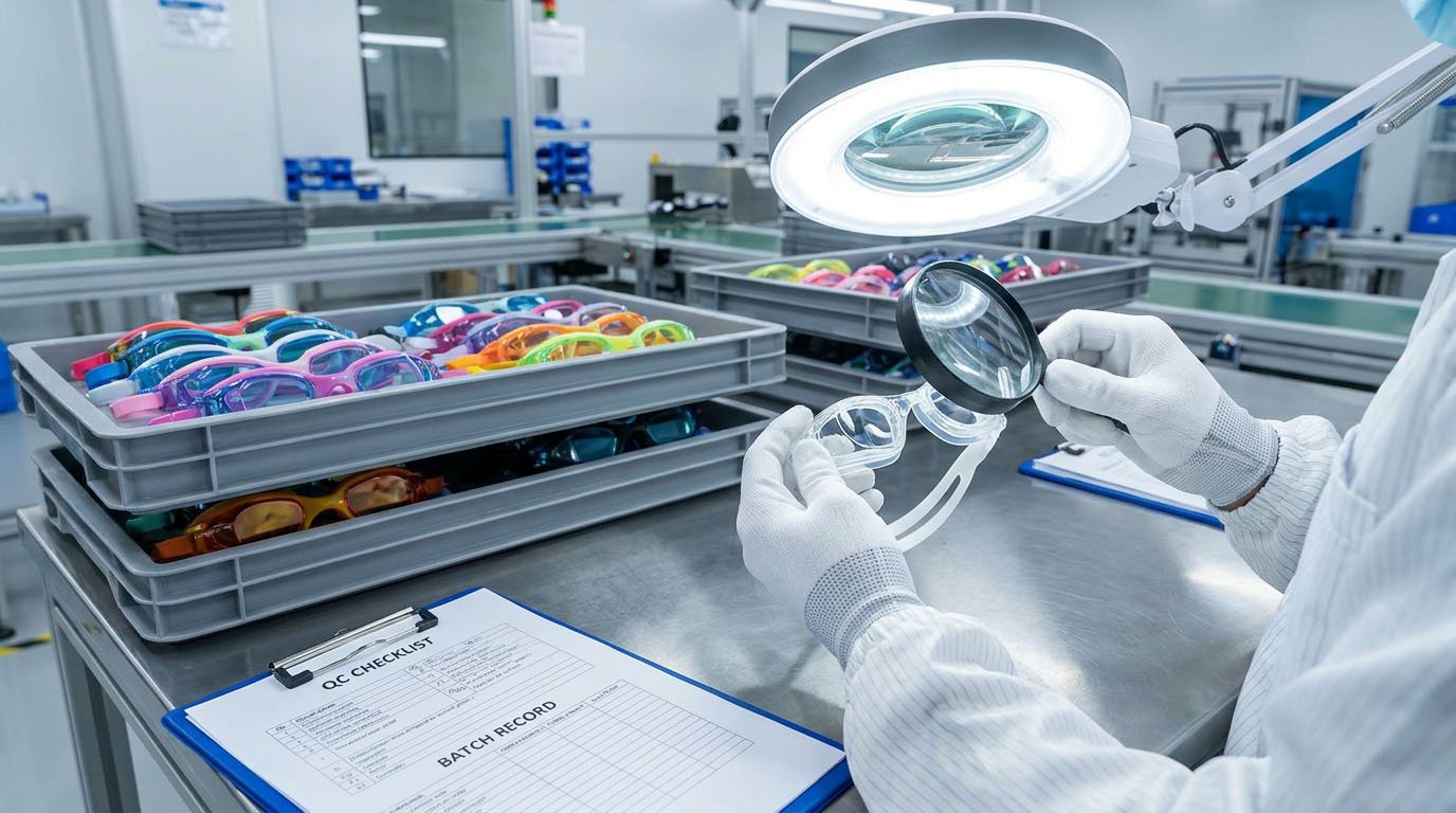 Swimming goggle manufacturing records and material batch traceability