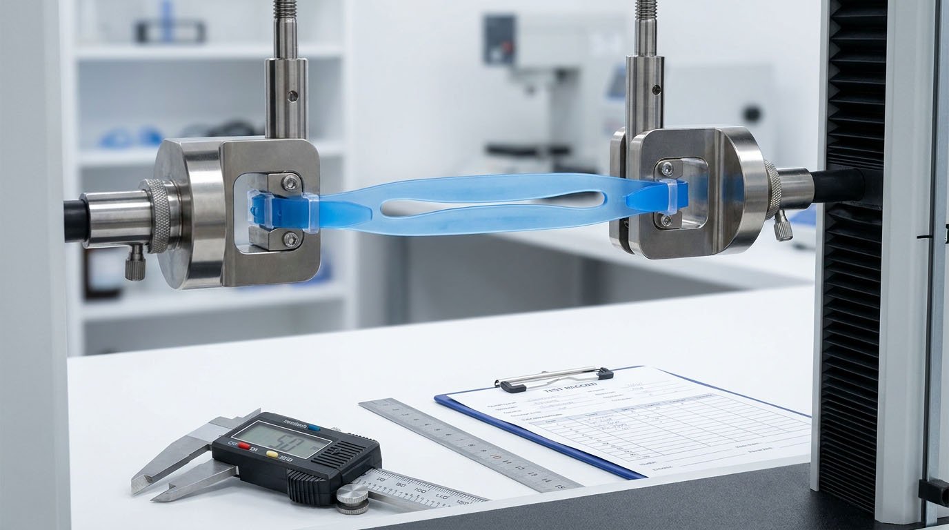 Swimming Goggle Strap Tensile Test Equipment and Clamp Setup Silicone swimming goggle strap mounted in tensile testing machine grips