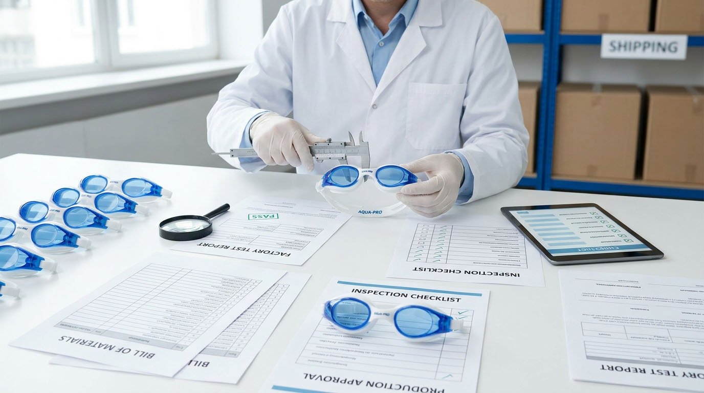 Swimming goggles pre-production CE report verification and bulk quality control