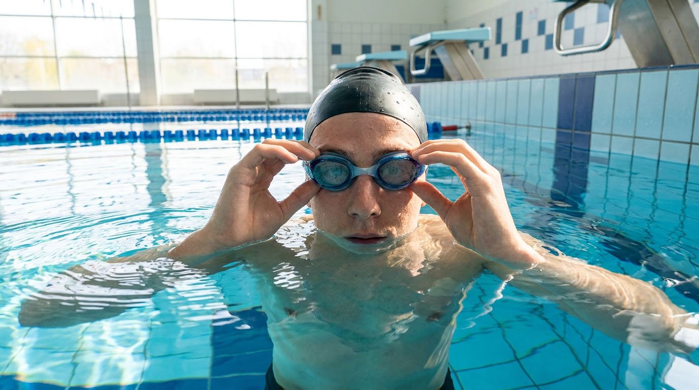 Swimming goggles static and dynamic in-water leak testing procedure