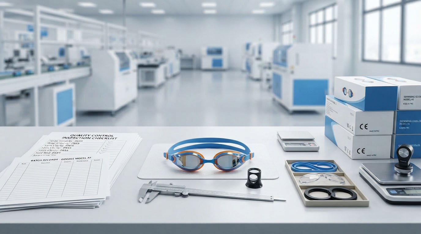 Swimming Goggles PPE Production Compliance Verification Swimming goggles factory quality control and PPE batch traceability